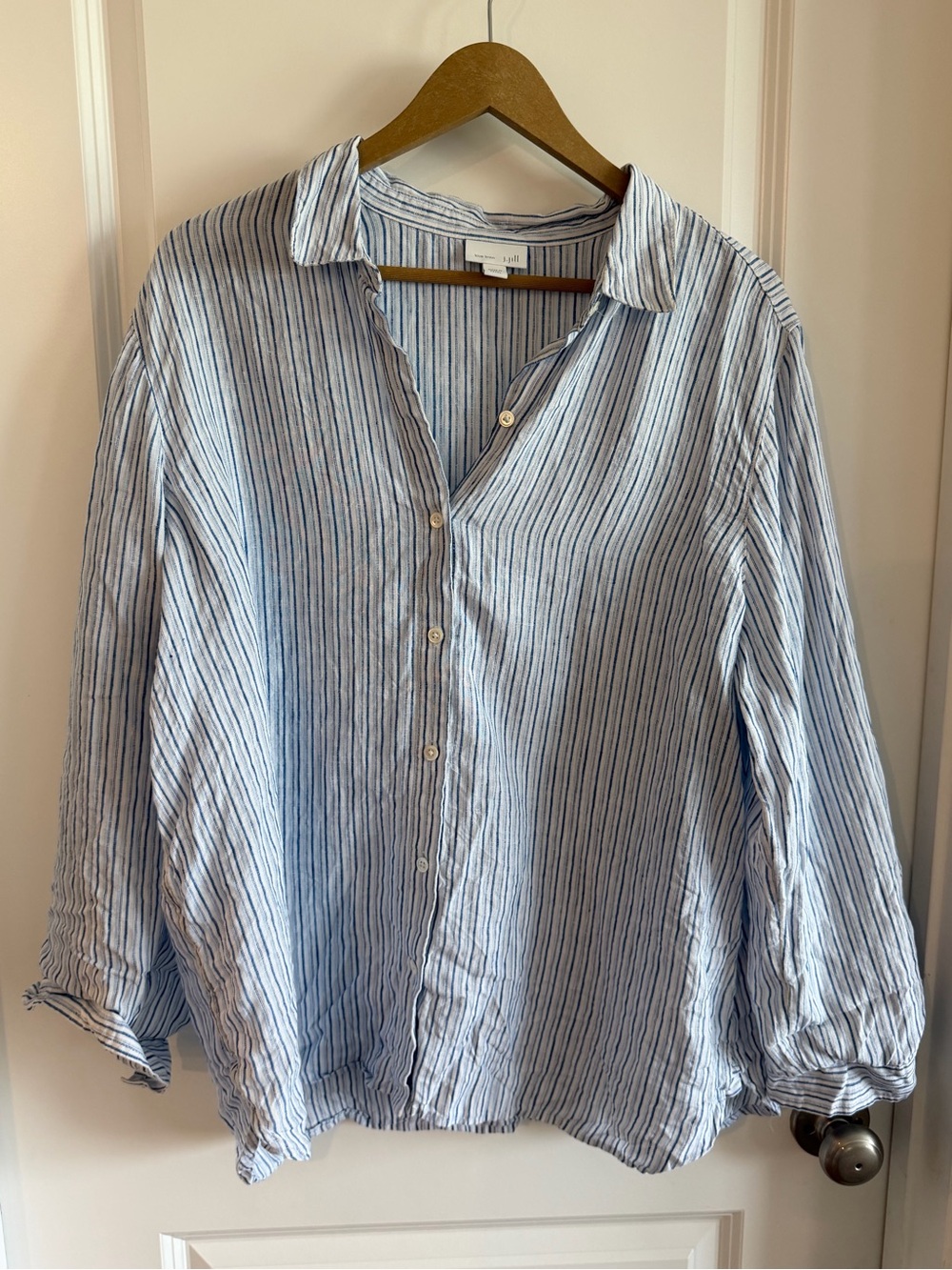 J Jill Linen Shirt sz XL Petite White Blue Stripes Long Sleeve Button Up Beach